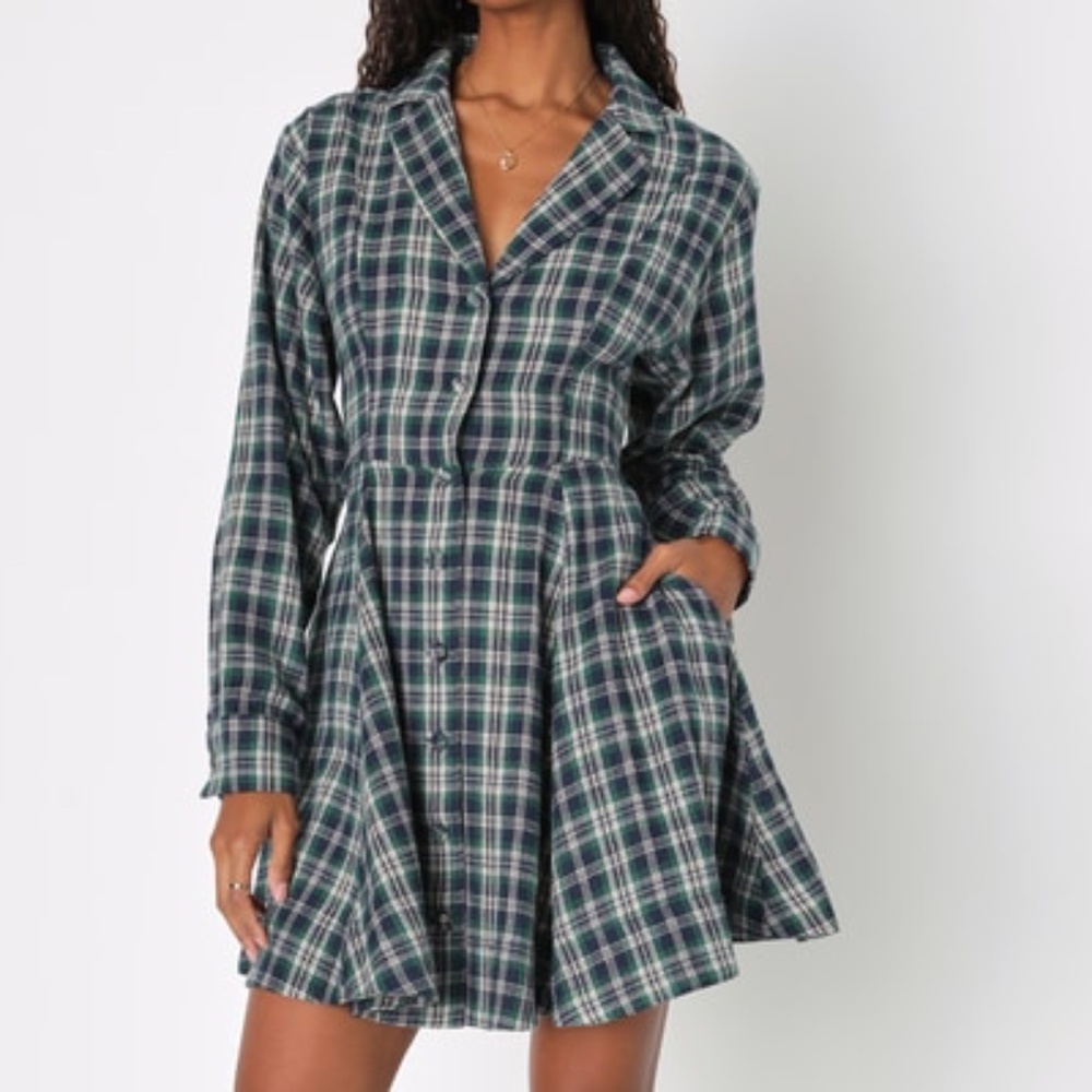 Lulus Autumnal Attitude Navy Blue Plaid Skater Mini Dress With Pockets - Size S